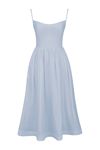 Detail of light blue midi dress showing thin straps, pleated waist, and A-line silhouette