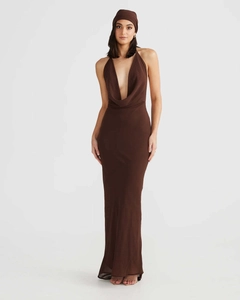 Detail of chocolate brown cowl neck backless maxi dress with matching headscarf accessory