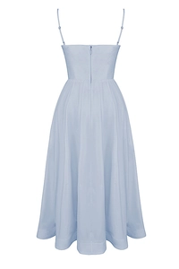 Back view of light blue A-line midi dress with slim waist and invisible zipper detail