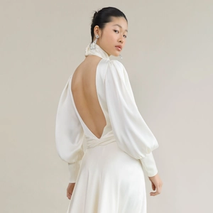 Sexy backless satin evening gown in cream white with lantern sleeves and deep V neckline