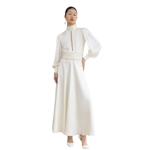 Elegant ivory satin long dress with lantern sleeves, high neck and hollow out detail