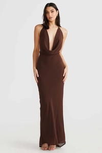 Detail showing elegant cowl neck design and chiffon fabric of the backless brown long dress