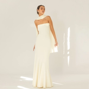 Elegant ivory white halter backless fishtail dress with long neck shawl for formal gala