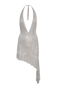 Detail of silver sequined mini dress with deep V-neck and asymmetrical ruffled hemline