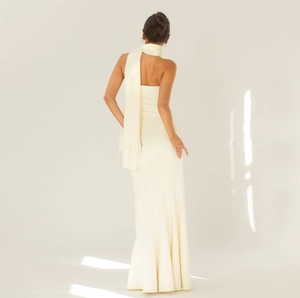 Elegant off-shoulder cream white backless mermaid evening gown with matching long scarf
