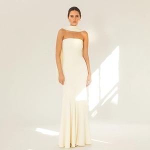 Elegant ivory off-shoulder mermaid evening dress with neck scarf and backless design