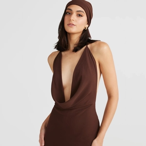 Sexy Backless Halter Maxi Dress Deep V Cowl Neck Satin-Look Evening Gown With Headscarf For Women Party Vacation Wear