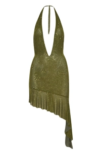 Detail of glitter halter neck dress with deep V-neck and metallic sequin texture
