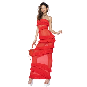 Robe longue rouge bustier sexy en mousseline à volants avec tulle transparent chic