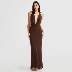 Elegant chocolate satin backless maxi dress with cowl neck and halter style design