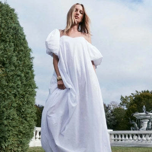 Robe Longue Élégante Blanche Épaules Dénudées Manches Bouffantes Dos Nu Décontractée Taille Haute Ample Vacances Fête Rétro