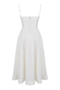 Back view of white midi dress featuring thin straps, hidden zipper, and a flowing A-line hem