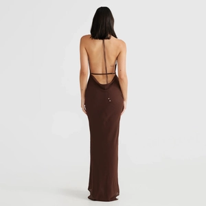 Elegant deep brown backless maxi dress with halter neck and tie detail for summer