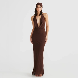 Elegant deep brown halter neck maxi dress with backless cowl neck and matching headscarf