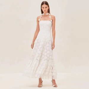 Elegant White Lace Maxi Dress Halter Neck 3D Flower Embroidered Backless Ruffle Long Dress For Women Party Vacation