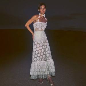 Elegant white lace maxi dress with rose embroidery and mesh ruffles for summer