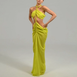 Elegant lime green halter neck chiffon maxi dress with cutout detail and beaded chain