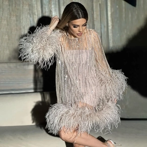 Women's Pink Sequin Feather Mini Dress Luxury Bell Sleeve Mesh Splicing Party Evening Dress Elegant Sparkly Socialite Gown