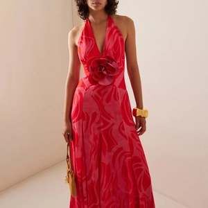 Women Elegant Halter Neck Maxi Dress With 3D Flower Decoration Deep V Neck Floral Print High Waist Sleeveless Vacation Party Dress