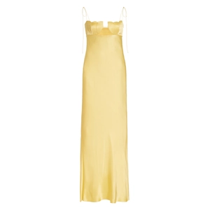 Elegantes, leuchtend gelbes Satin-Abendkleid mit dünnen Trägern und tiefem V-Ausschnitt
