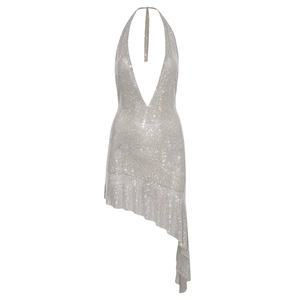 Sparkly silver deep V-neck halter mini dress with irregular ruffle hem and open back detail