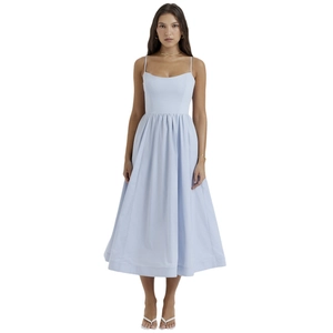 Light blue backless A-line midi dress with spaghetti straps and a pleated waist