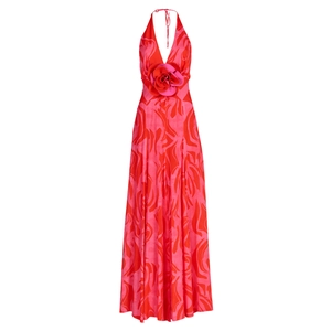 Halter deep V-neck maxi dress featuring 3D rose detail and vibrant abstract floral print