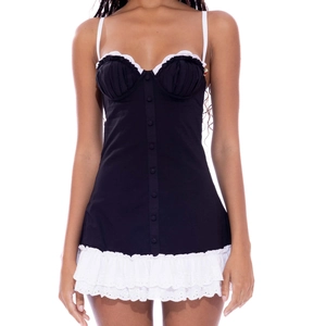 Slim fit black mini dress with white lace trim and ruffled embroidery hem design