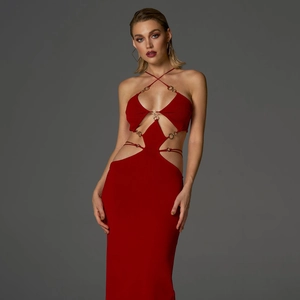 Sexy red cutout maxi dress with halter neckline and metallic ring details for women