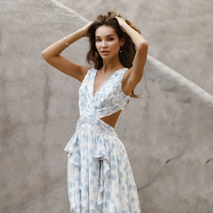 Damen Sexy Blumendruck Deep V Ausschnitt Maxi Kleid Ärmellos Cut Out Rüschen Hoher Schlitz Sommer Urlaub Party Club Kleid