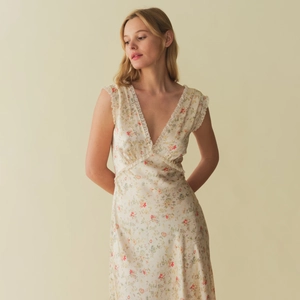 Women's French Vintage V Neck Floral Maxi Dress Sleeveless Lace Trim Backless Tie Up Satin Feel Long Dress For Summer Vacation