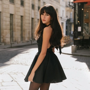 Sexy black halter backless dress with a large bow detail and A-line silhouette