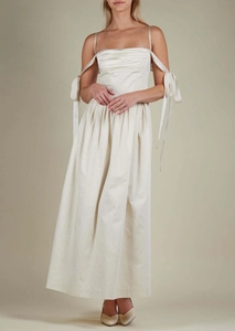 Elegant white off-shoulder satin gown featuring bow ribbon straps and pleated detailing