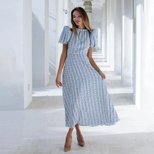Abito Lungo Elegante Donna Stampa Floreale Blu Estate Manica Corta Sbuffo Vita Alta Girocollo Abito a Trapezio Vacanza Festa