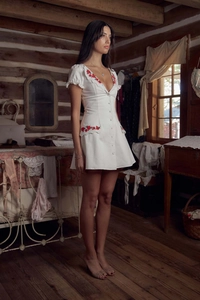 Detailed embroidery of red roses and lace trim on a white mini dress with buttons