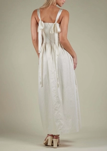Elegant back detail of ivory satin maxi dress featuring lace-up bow and open back design