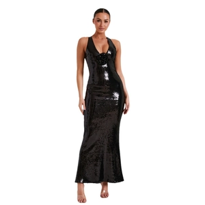 Elegant black sequin evening gown with a deep V-neckline and 3D floral details