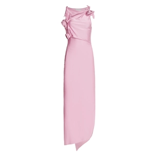 Robe de soirée rose en satin sans manches avec rosettes 3D et fronces asymétriques