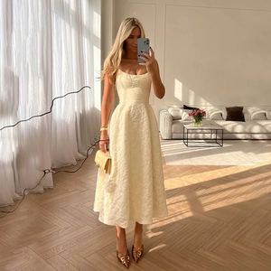 Robe Longue Femme Élégante Style Français Jacquard à Bretelles Fines Taille Haute Coupe Trapèze Ajustée Robe de Soirée Chic