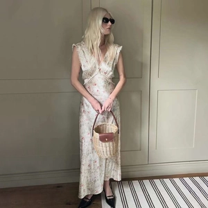 French style floral lace V-neck sleeveless long dress with elegant ruffle trim details