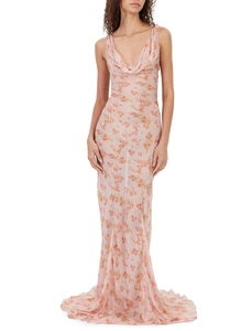 Detail of cowl neck floral maxi dress in pink chiffon with delicate orange blossoms