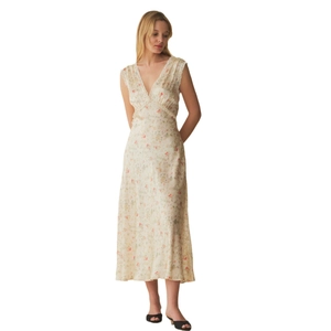 French style floral midi dress with V-neckline lace trim and sleeveless waist design