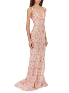 Detailed view of floral print maxi dress featuring elegant cowl neck and silky fabric