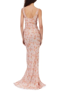 Detail view of the elegant open back and delicate spaghetti straps on floral maxi dress