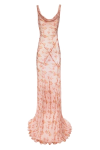 Detailed close-up of the cowl neck and delicate floral print on a silk summer dress