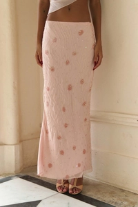 Detail of light pink sequin embroidery and beadwork on a slim fit maxi dress