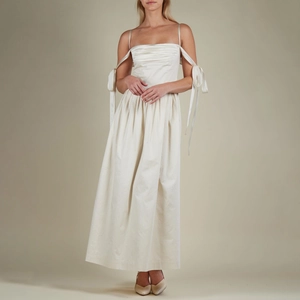 Elegant ivory satin midi dress with pleated bust and hanging shoulder ribbons