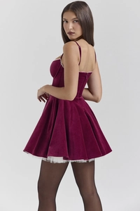 Detail of burgundy velvet mini dress showing white lace trim and mesh underskirt