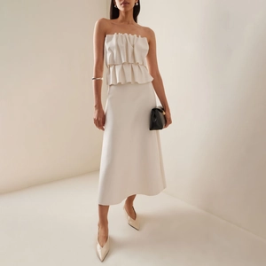 Elegant White Strapless Ruffled Midi Dress French Style Patchwork Pleated Slim Fit A-Line Evening Wedding Party Dress For Women
