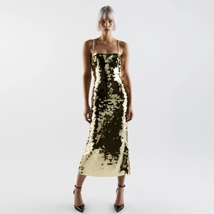 Sparkling gold sequin bodycon midi dress with thin straps for elegant evening parties